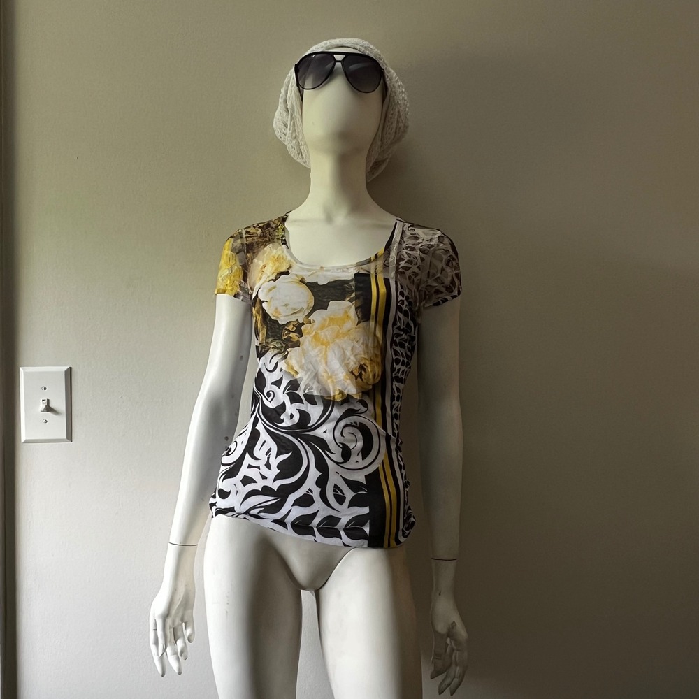 Vintage Y2K Caché Floral Lace Mesh Graphic Top Whimsigoth Sheer Fitted 2000s S